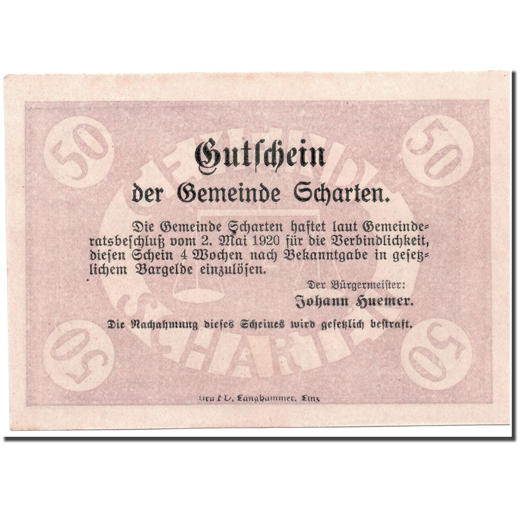 Banknote, Austria, Scharten, 50 Heller, paysage 1, 1920, 1920-05-02, UNC(63)