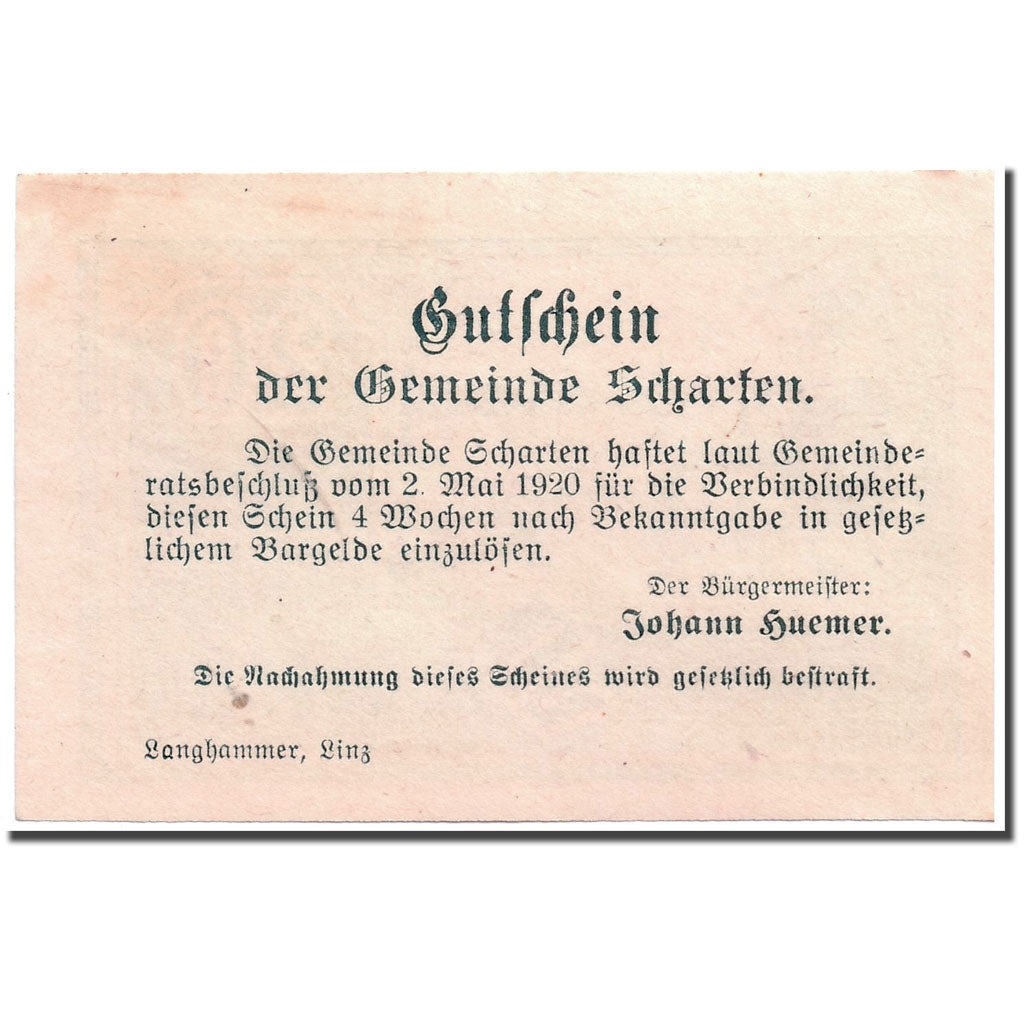 Banknote, Austria, Scharten, 20 Heller, paysage 1, 1920, 1920-05-02, UNC(63)