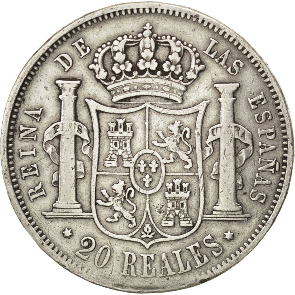 SPAIN, 20 Reales, 1851, KM #593.2, EF(40-45), Silver, 26.05