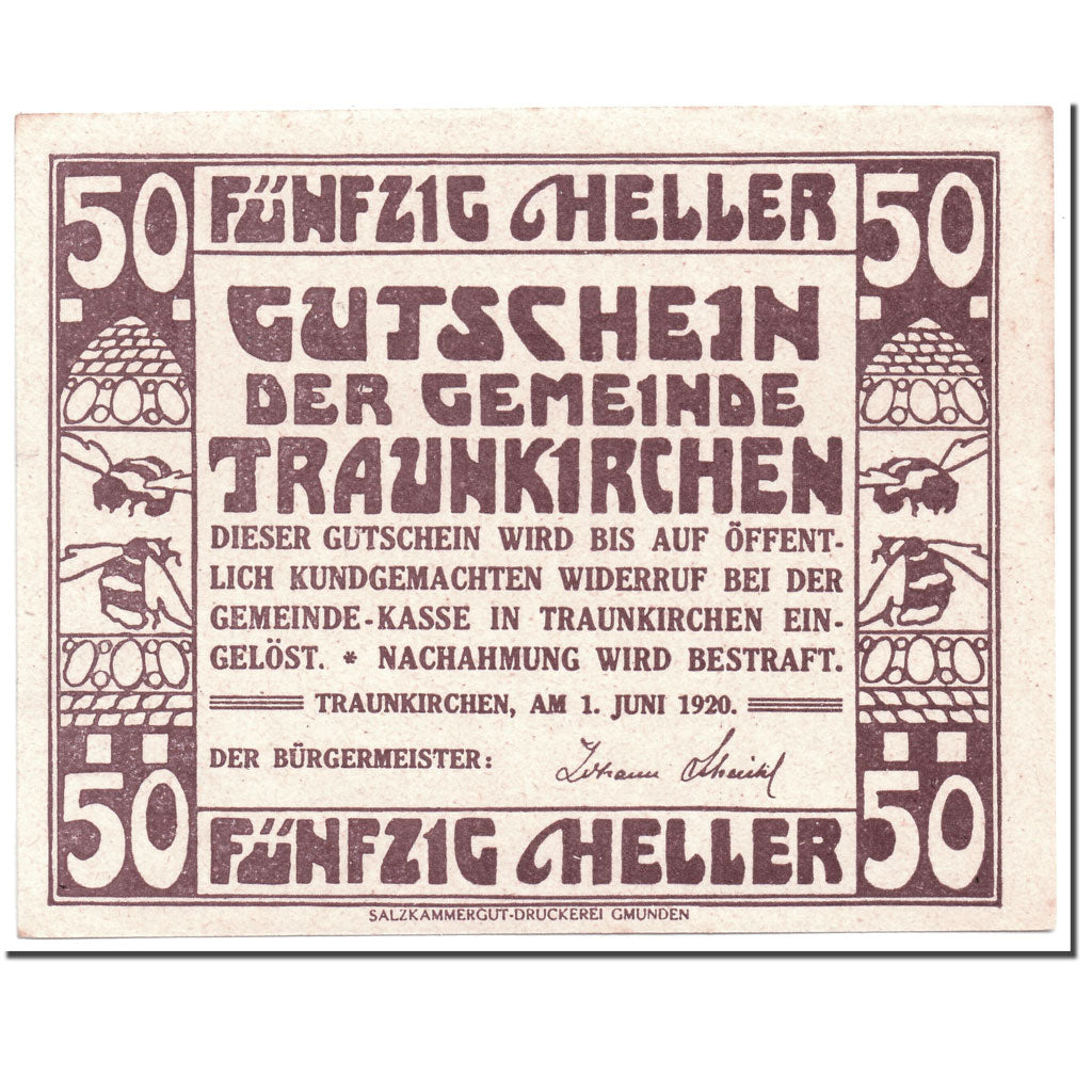 Banknote, Austria, Traunkirchen, 50 Heller, personnage, 1920, 1920-06-01