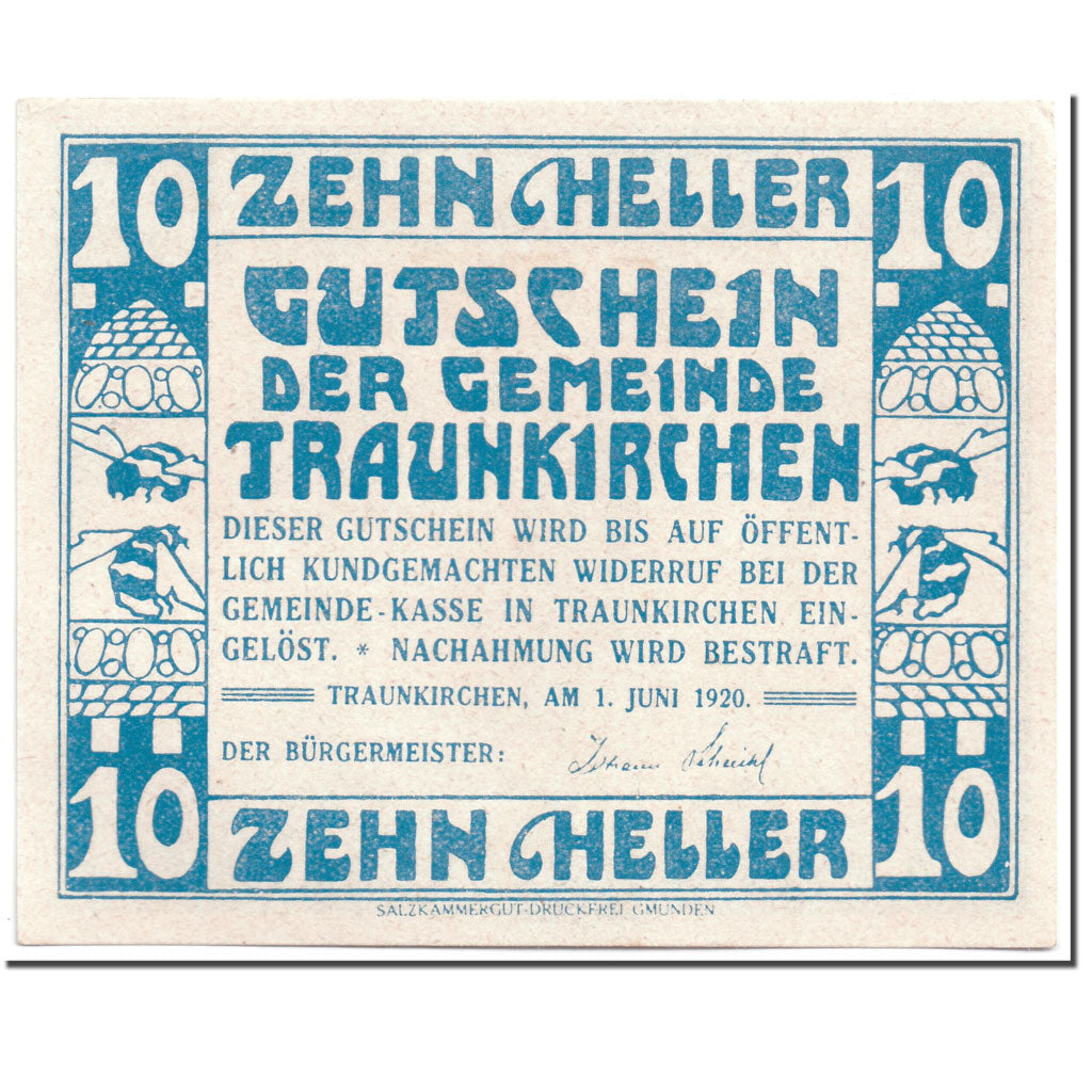 Banknote, Austria, Traunkirchen, 10 Heller, personnage, 1920, 1920-06-01