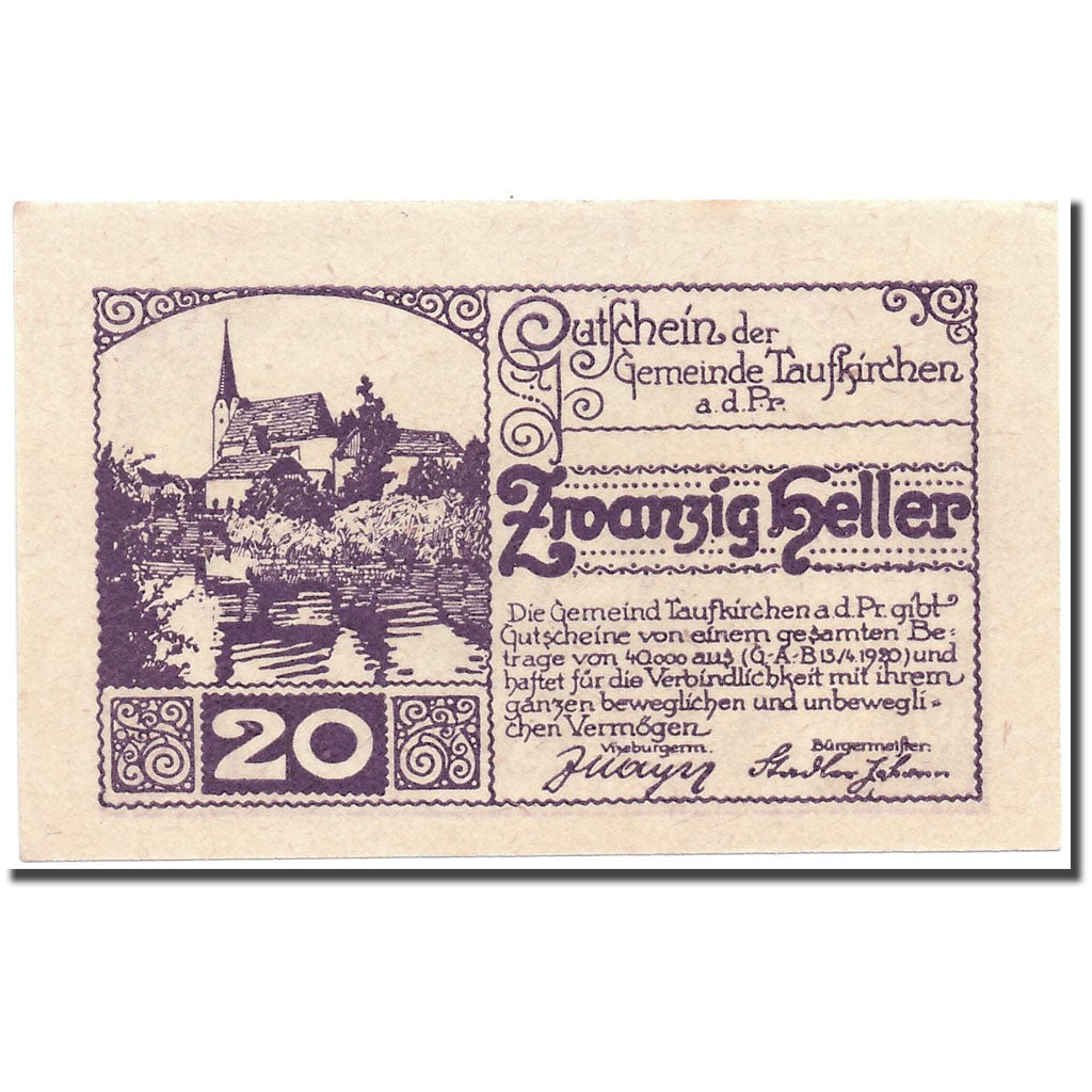 Banknote, Austria, Taufkirchen an der Pram, 20 Heller, paysage, 1920