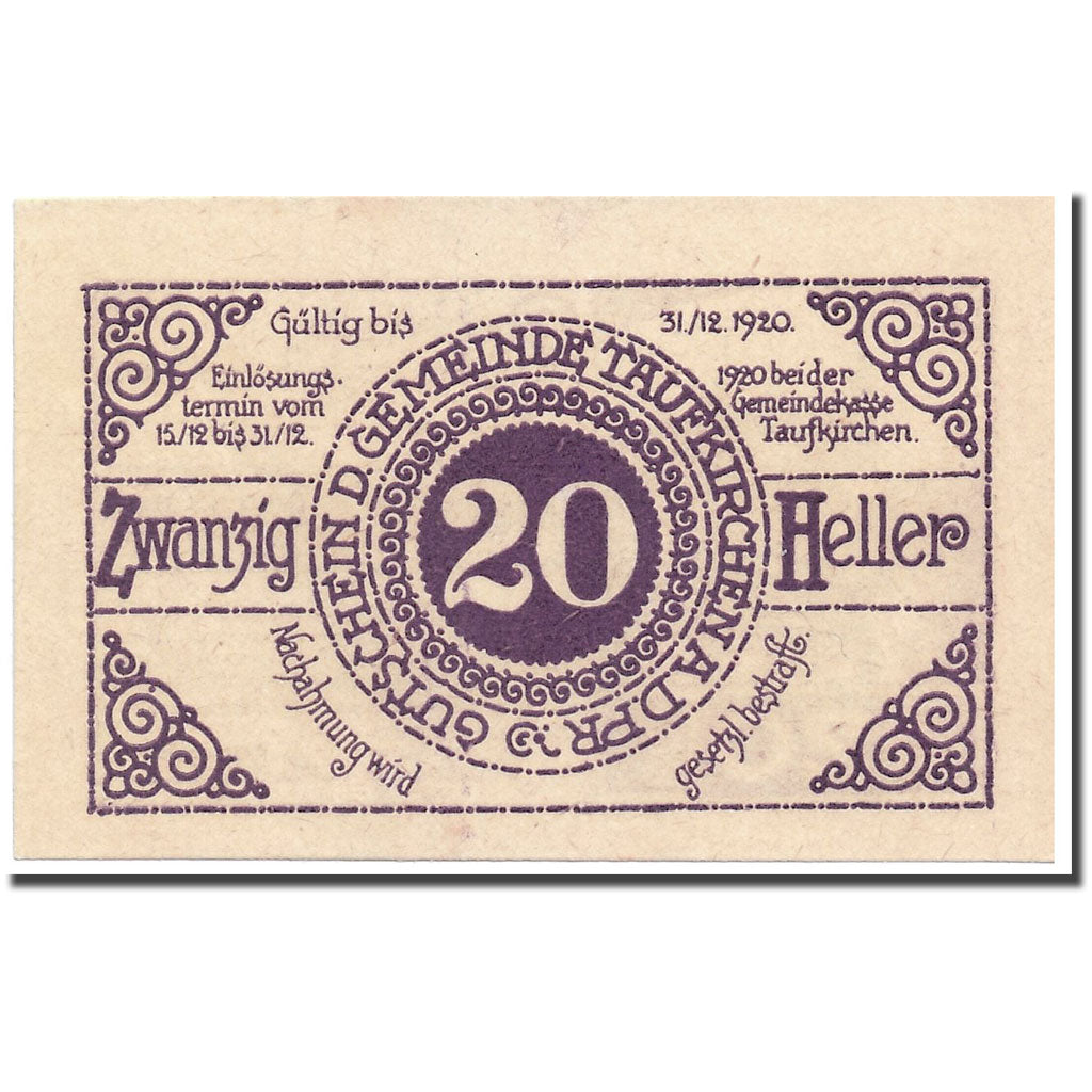 Banknote, Austria, Taufkirchen an der Pram, 20 Heller, paysage, 1920