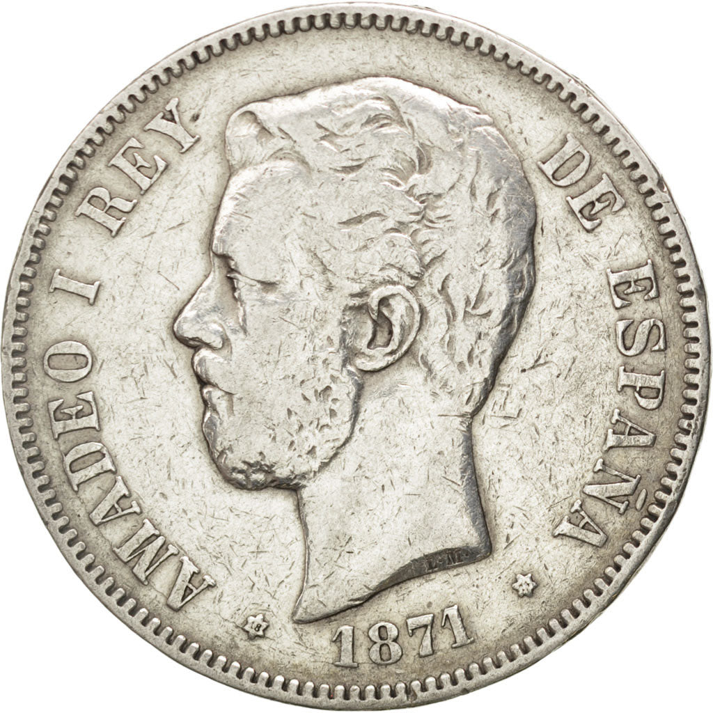 SPAIN, 5 Pesetas, 1871, KM #666, VF(30-35), Silver, 24.83