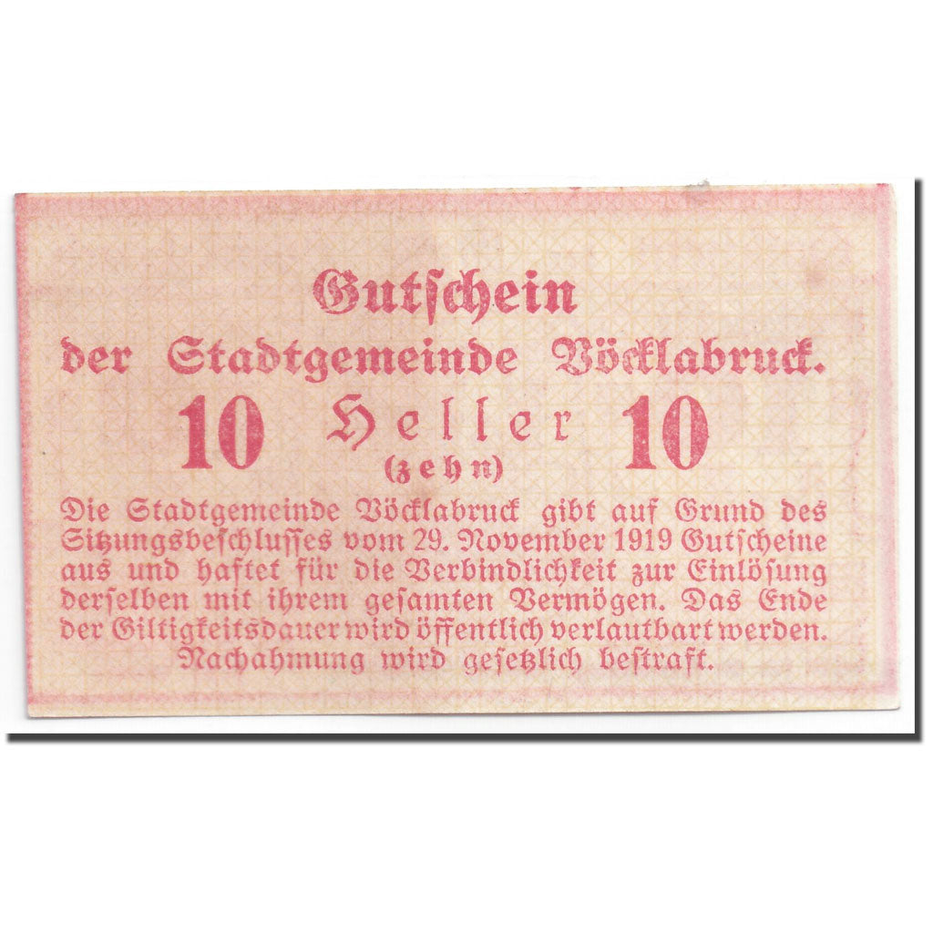 Banknote, Austria, Vocklabruck, 10 Heller, cavalier, 1919, 1919-11-29, UNC(63)