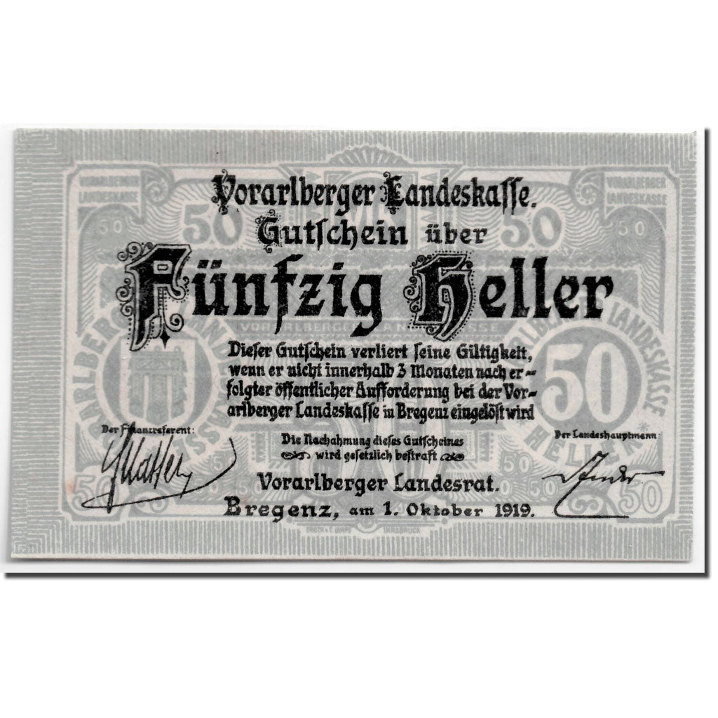 Banknote, Austria, Vorarlberger, 50 Heller, Ecusson, 1919, 1919-10-01, UNC(63)