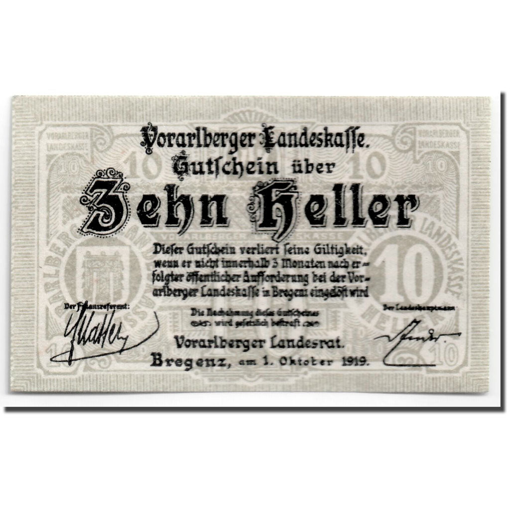 Banknote, Austria, Vorarlberger, 10 Heller, Ecusson, 1919, 1919-10-01, UNC(63)