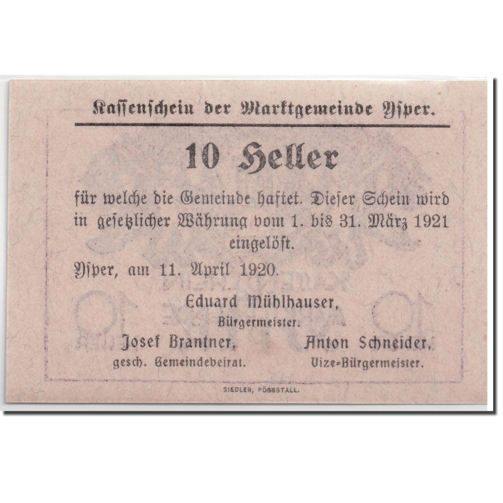 Geldschein, Österreich, Ysper, 10 Heller, château, 1920, 1920-04-11, UNZ-