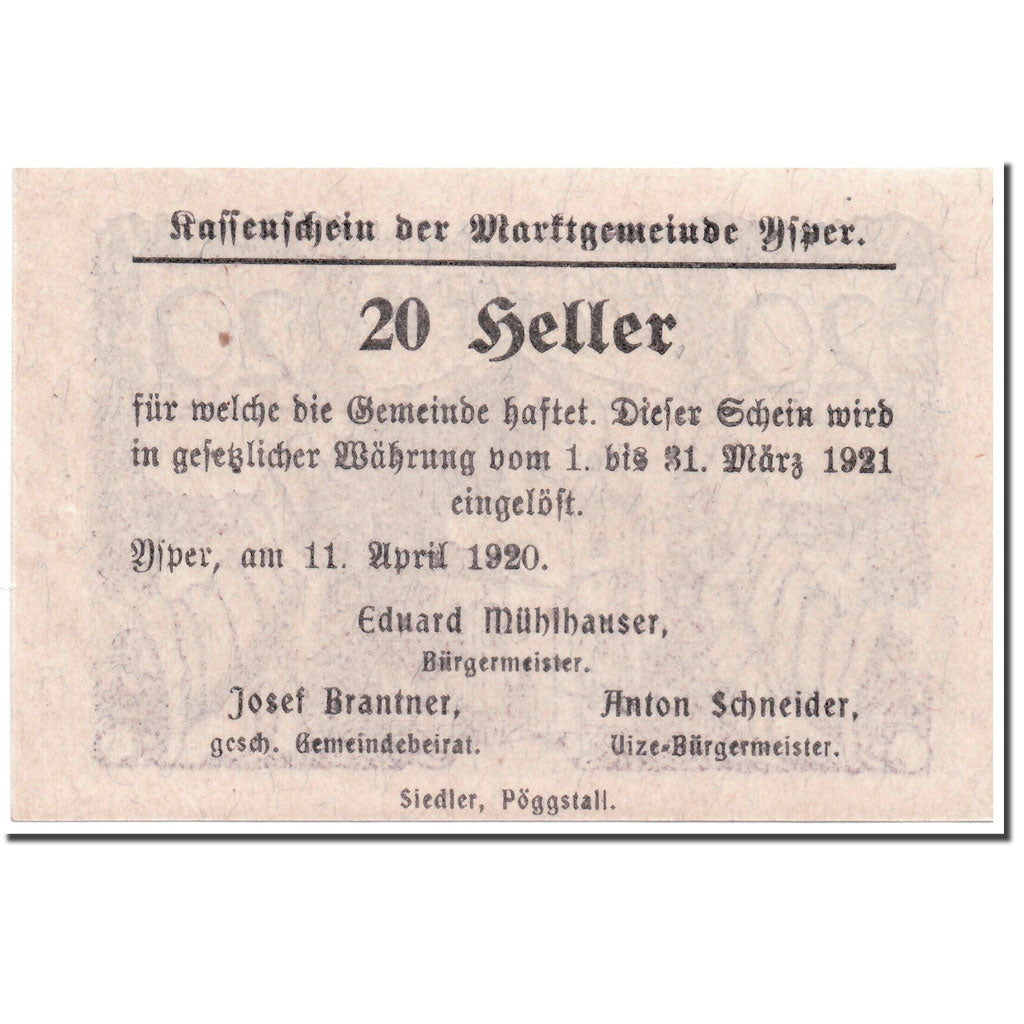 Banknote, Austria, Ysper, 20 Heller, Eglise, 1920, 1920-04-11, UNC(63)
