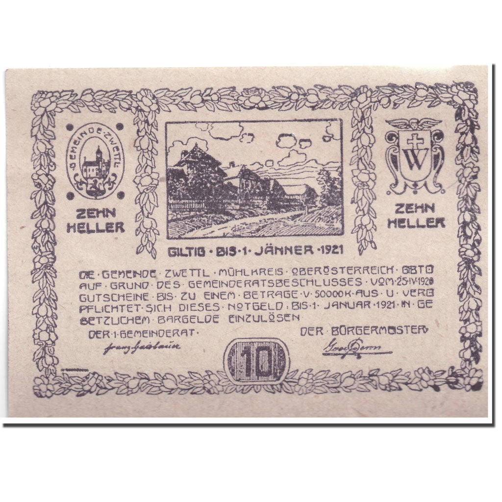 Geldschein, Österreich, Zwettl, 10 Heller, paysage, 1920, 1920-04-25, UNZ-
