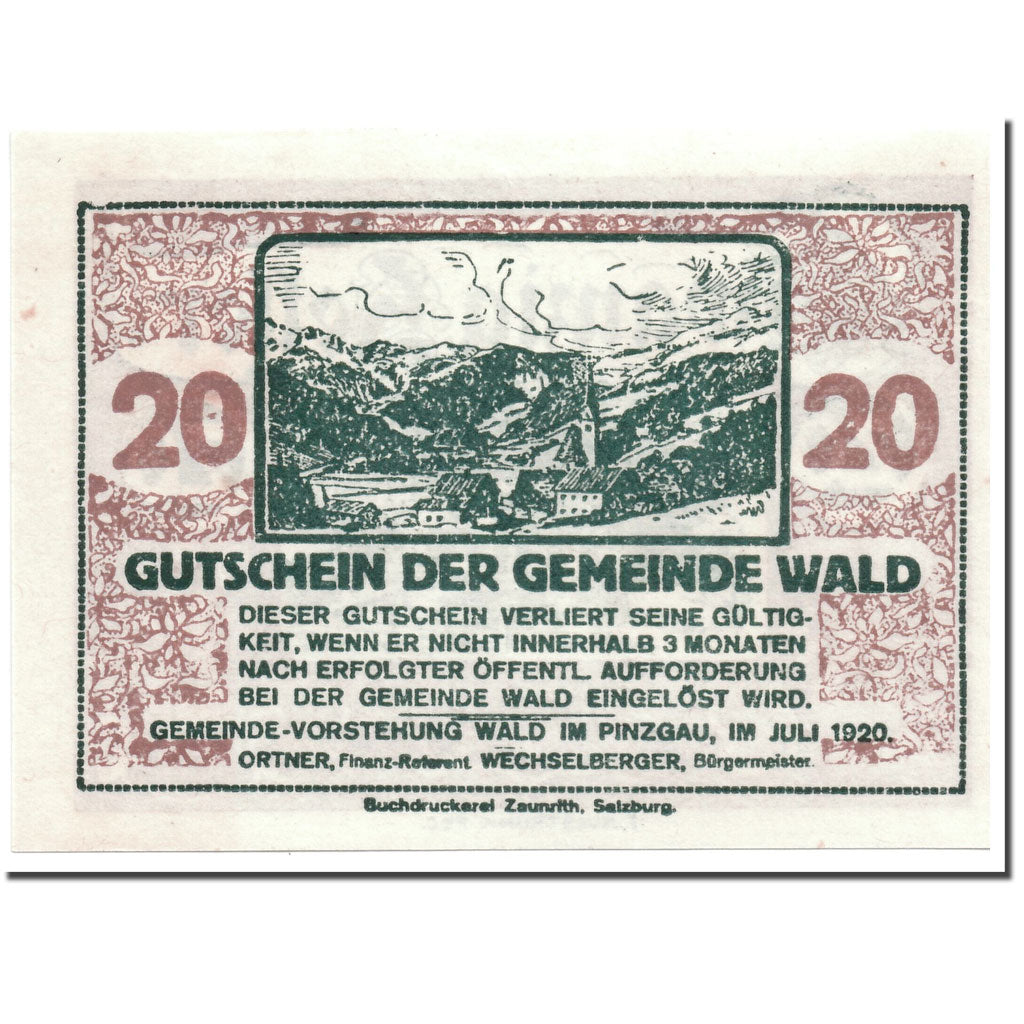 Banknote, Austria, Wald im Pinzgau, 20 Heller, paysage, 1920, UNC(63), Mehl:1129