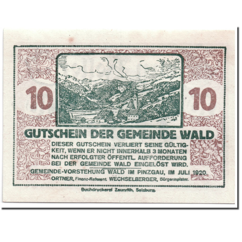 Banknote, Austria, Wald im Pinzgau, 10 Heller, paysage, 1920, UNC(63), Mehl:1129
