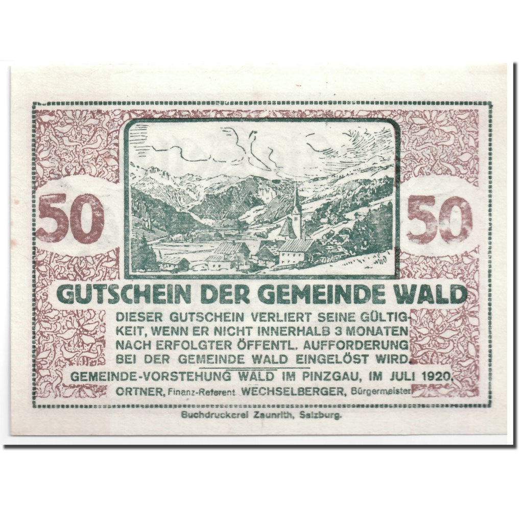 Banconote, Austria, Wald im Pinzgau, 50 Heller, paysage, 1920, SPL, Mehl:1129