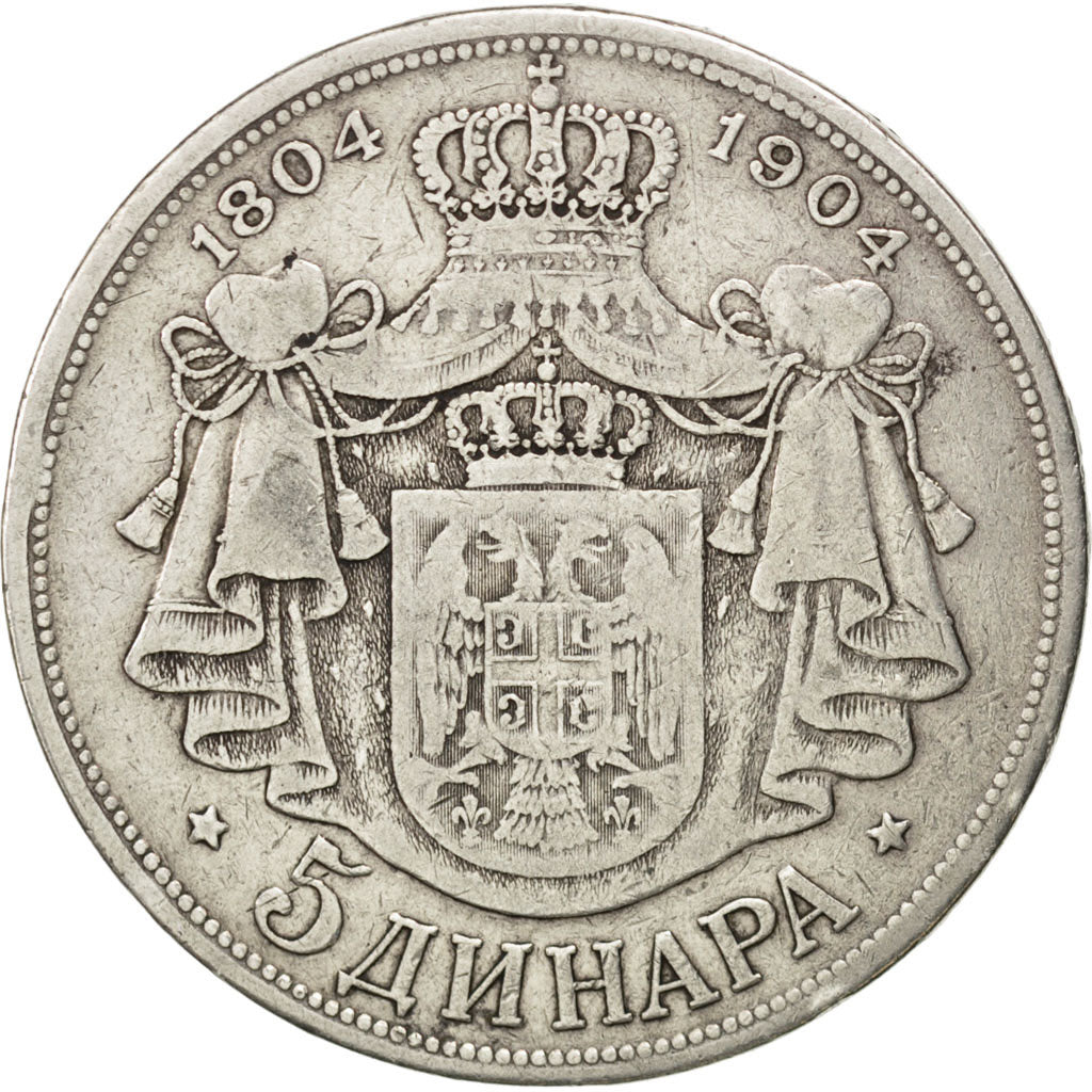 SERBIA, 5 Dinara, 1904, KM #27, VF(20-25), Silver, 37, 24.67