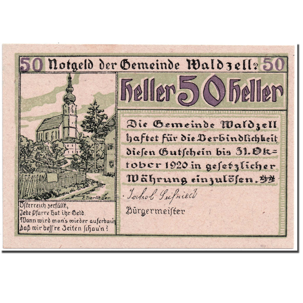 Geldschein, Österreich, Waldzell, 50 Heller, Eglise 1, 1920, UNZ-, Mehl:1135