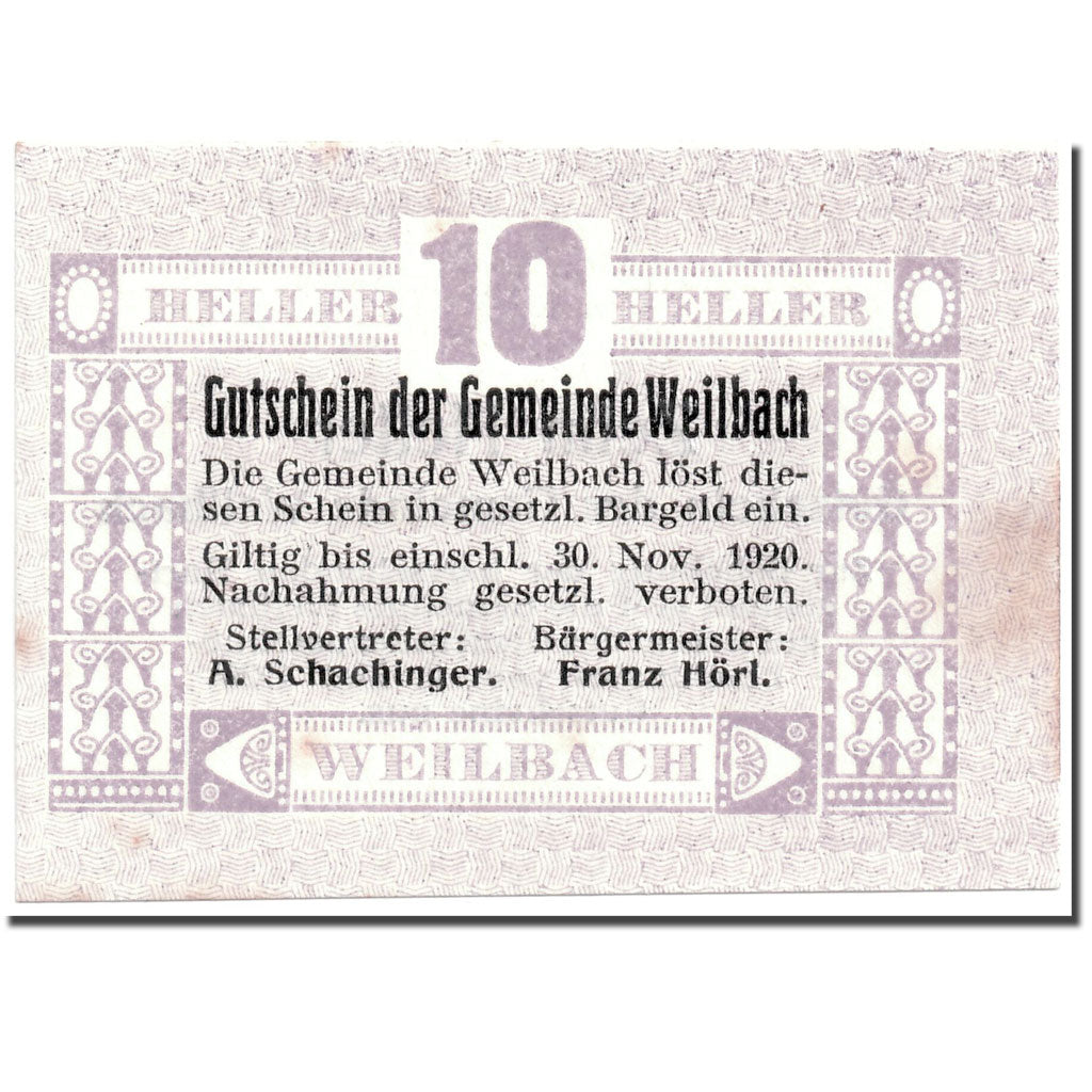 Banconote, Austria, Weilbach, 10 Heller, graphique, 1920, 1920-05-02, SPL