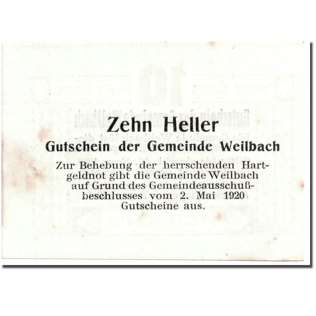 Banconote, Austria, Weilbach, 10 Heller, graphique, 1920, 1920-05-02, SPL