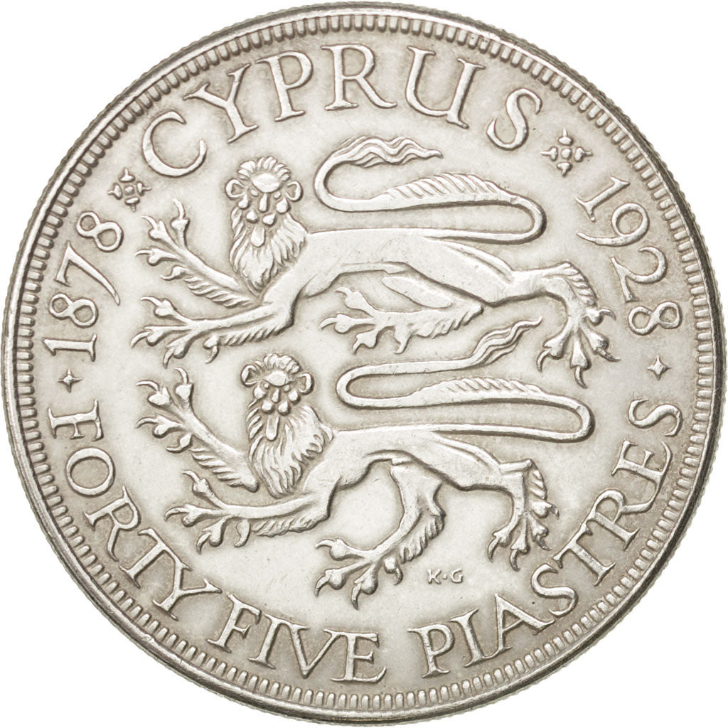 CYPRUS, 45 Piastres, 1928, KM #19, AU(50-53), Silver, 38, 28.05
