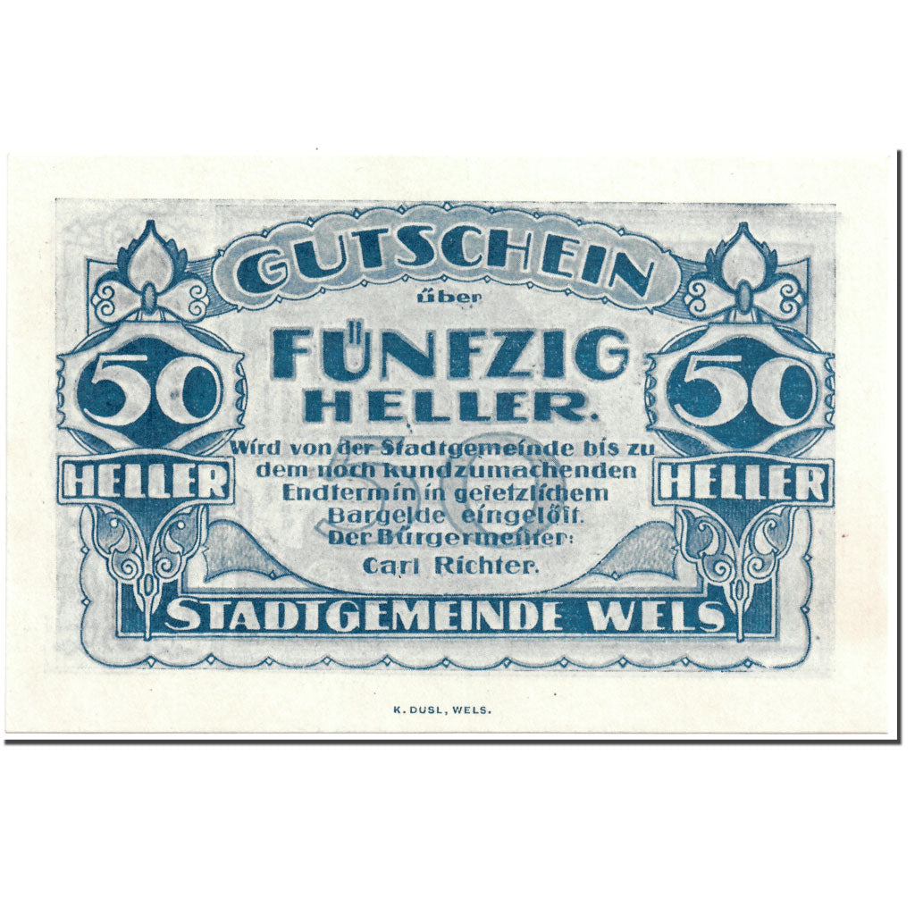 Banknote, Austria, Wels, 50 Heller, Batiment, UNC(63), Mehl:1167 II