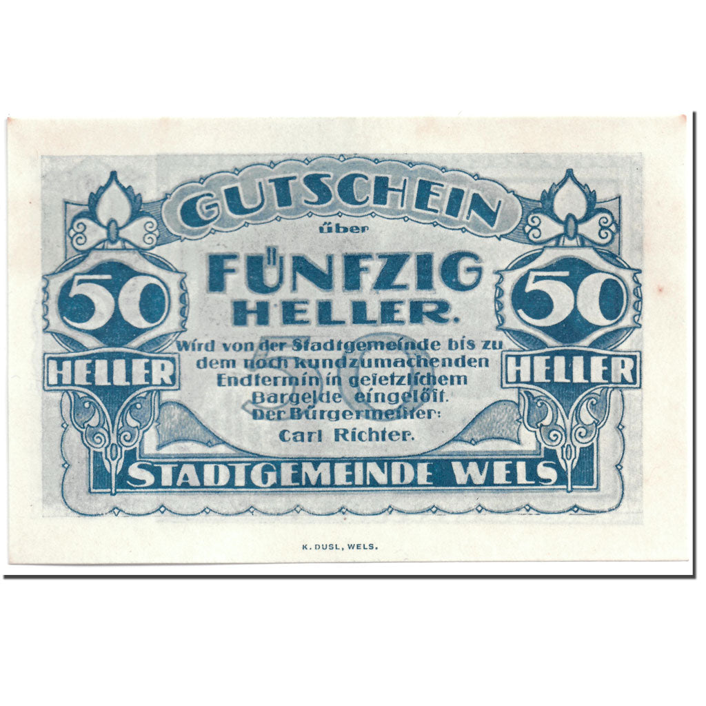 Geldschein, Österreich, Wels, 50 Heller, paysage, UNZ-, Mehl:1167 II