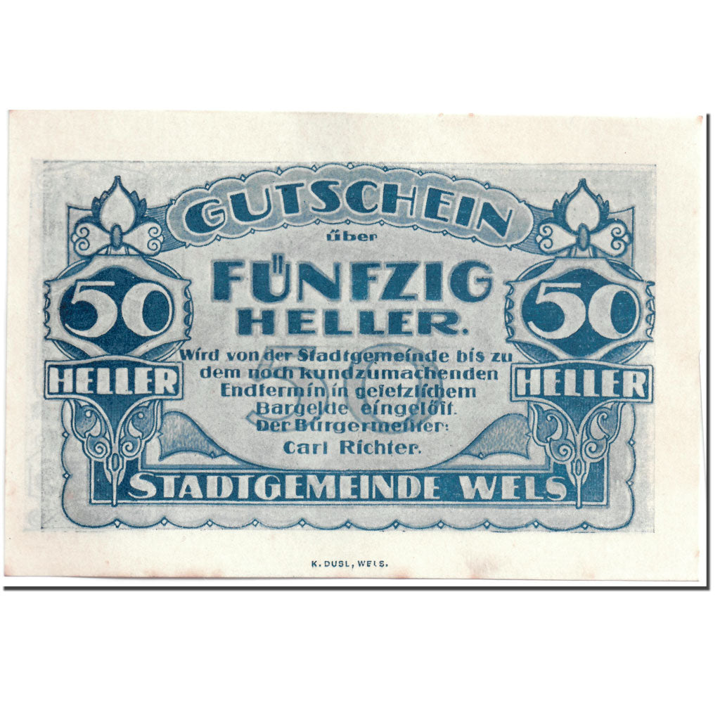 Geldschein, Österreich, Wels, 50 Heller, batiment 1, UNZ-, Mehl:1167 II