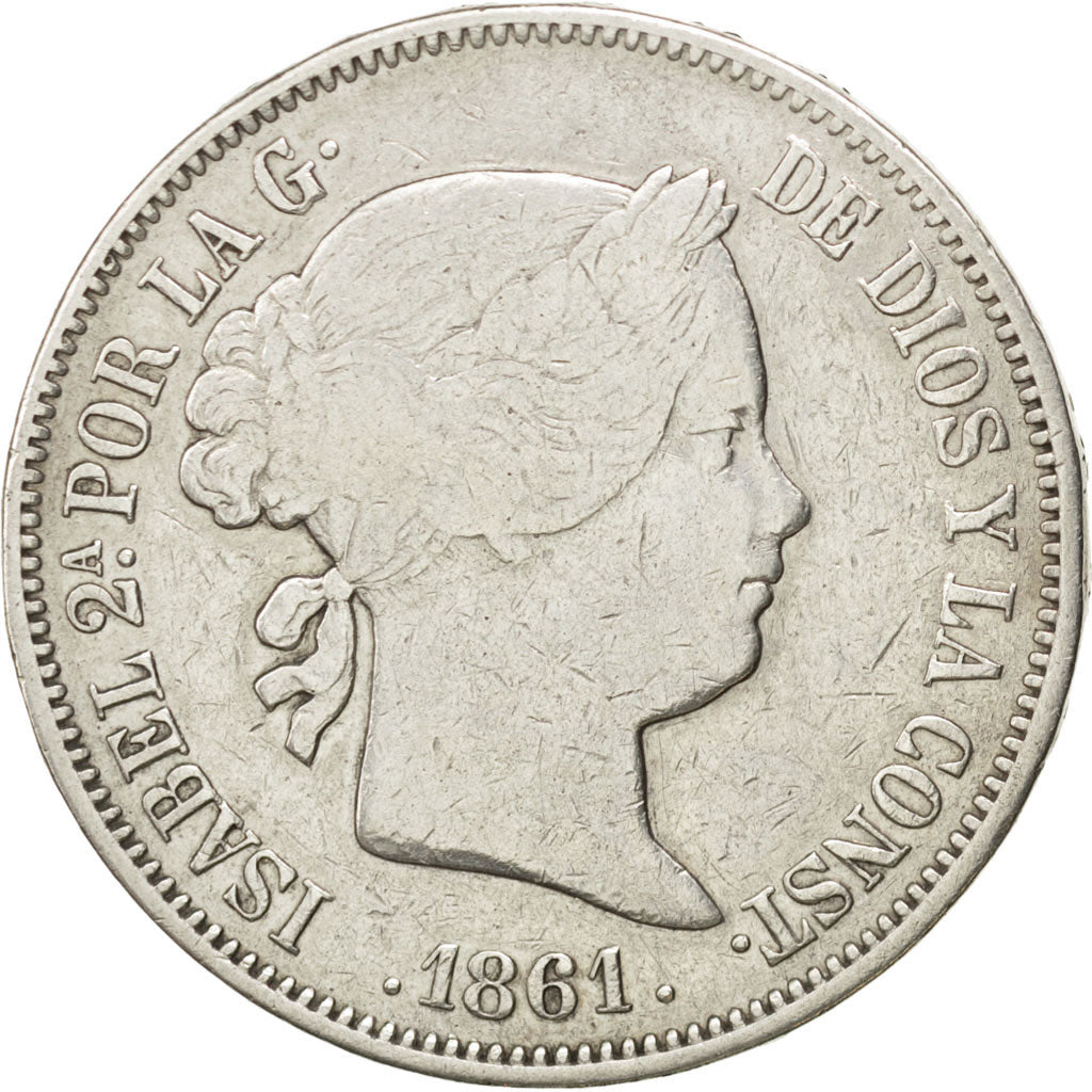 SPAIN, 20 Reales, 1861, KM #609.2, VF(20-25), Silver, 25.59