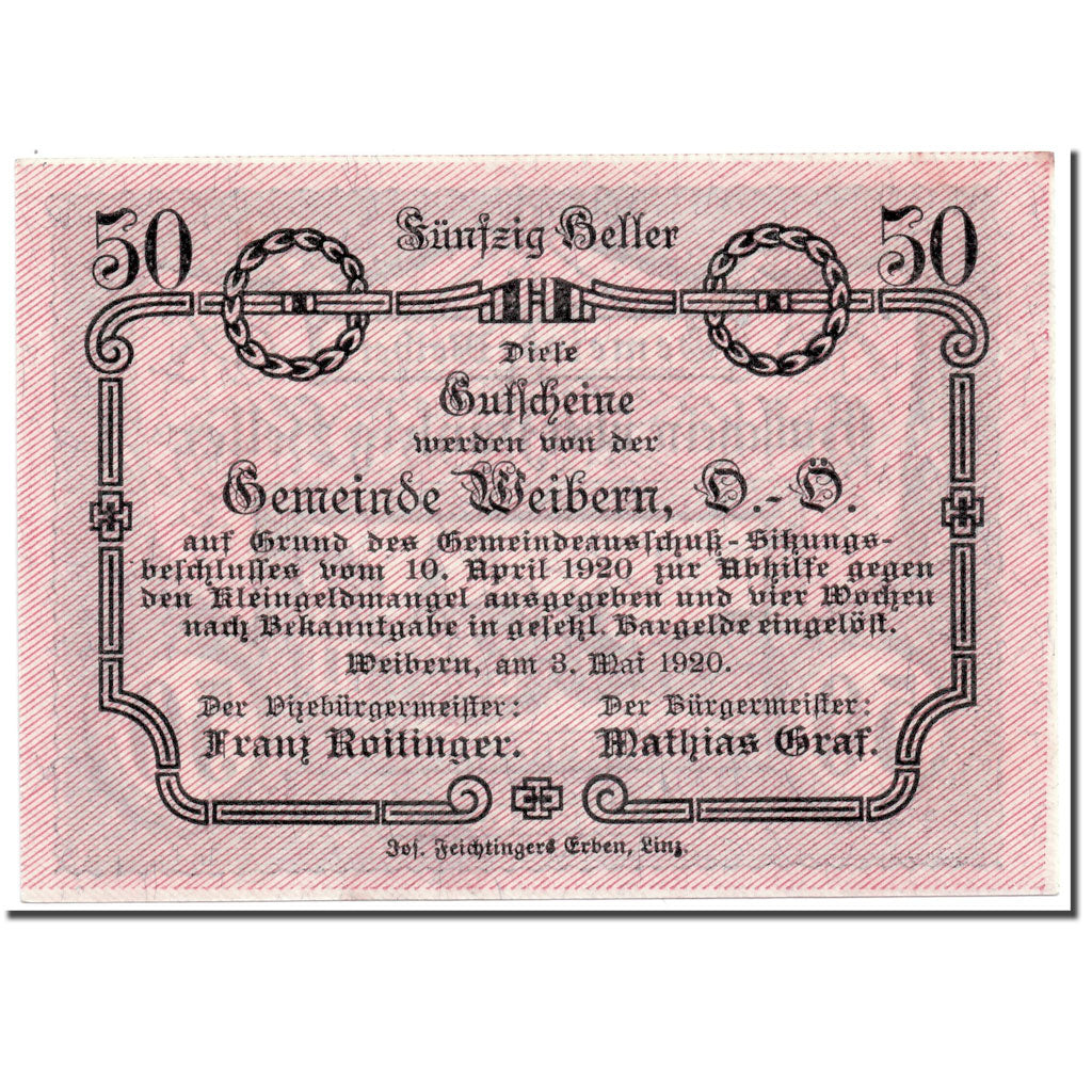 Banknote, Austria, Weibern, 50 Heller, paysage, 1920, 1920-05-03, UNC(63)