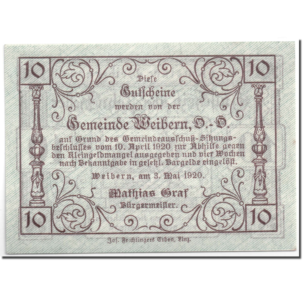 Banknote, Austria, Weibern, 10 Heller, agriculteur, 1920, 1920-05-03, UNC(63)
