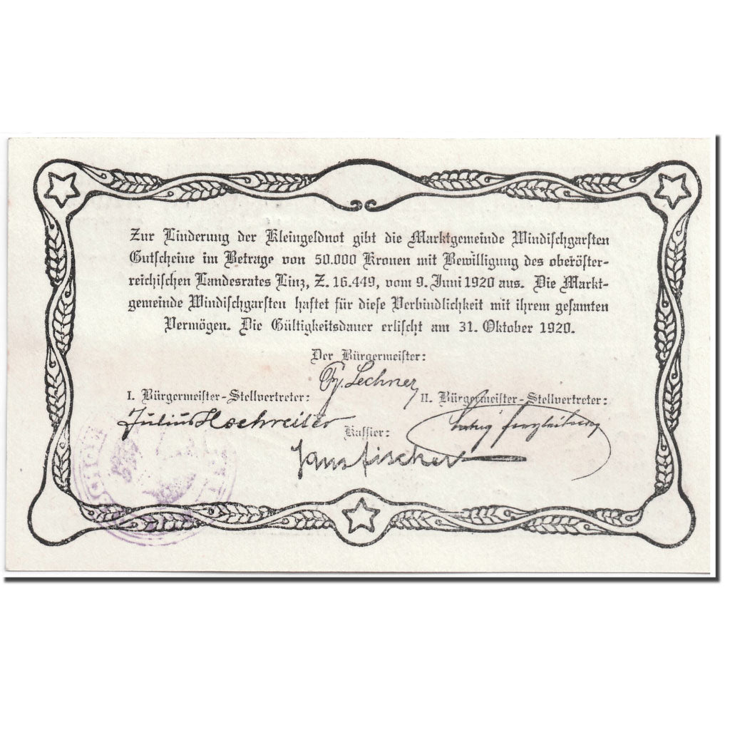Banknote, Austria, Windischgarsten, 20 Heller, paysage, 1920, 1920-06-09