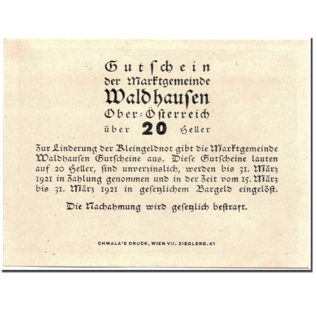 Banknote, Austria, Waldhausen, 20 Heller, paysage, 1921, 1921-03-31, UNC(63)