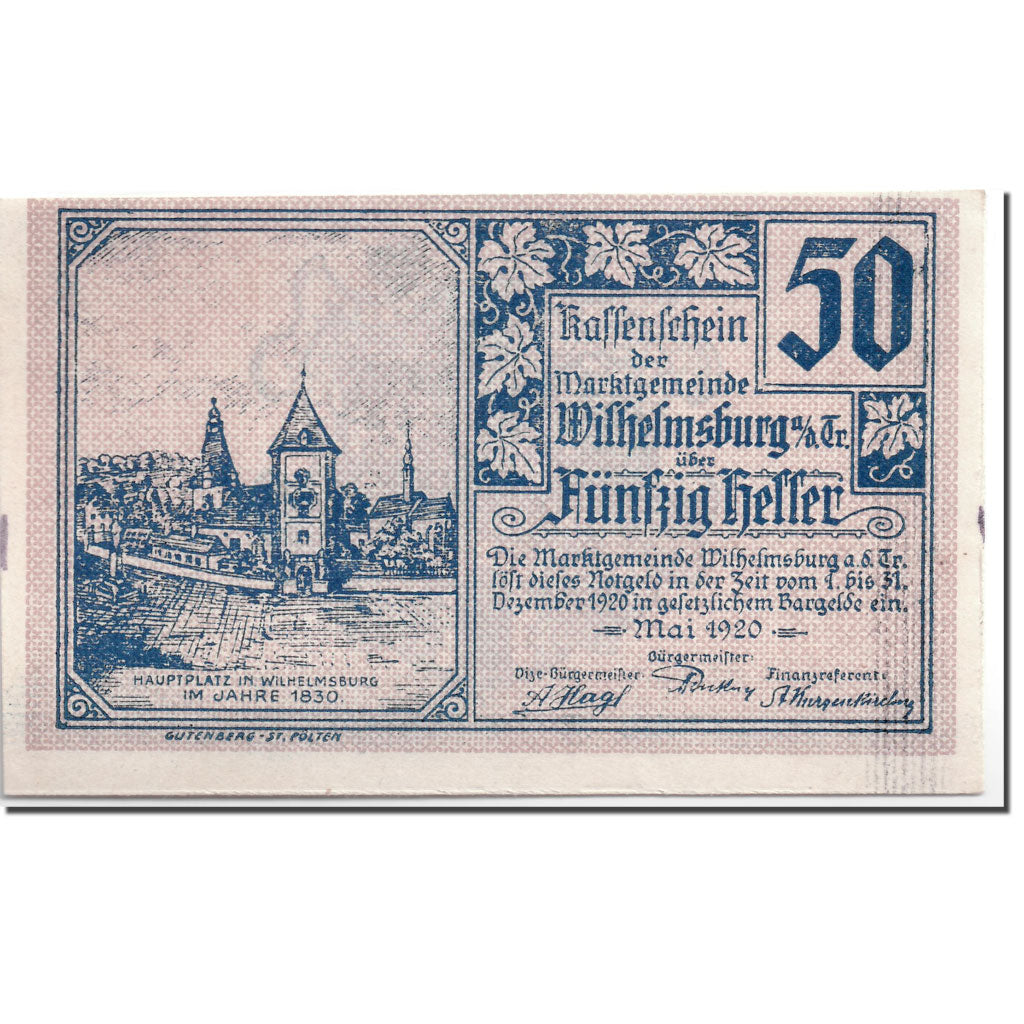 Banknote, Austria, Wilhelmsburg, 50 Heller, Ecusson, 1920, UNC(63), Mehl:1235