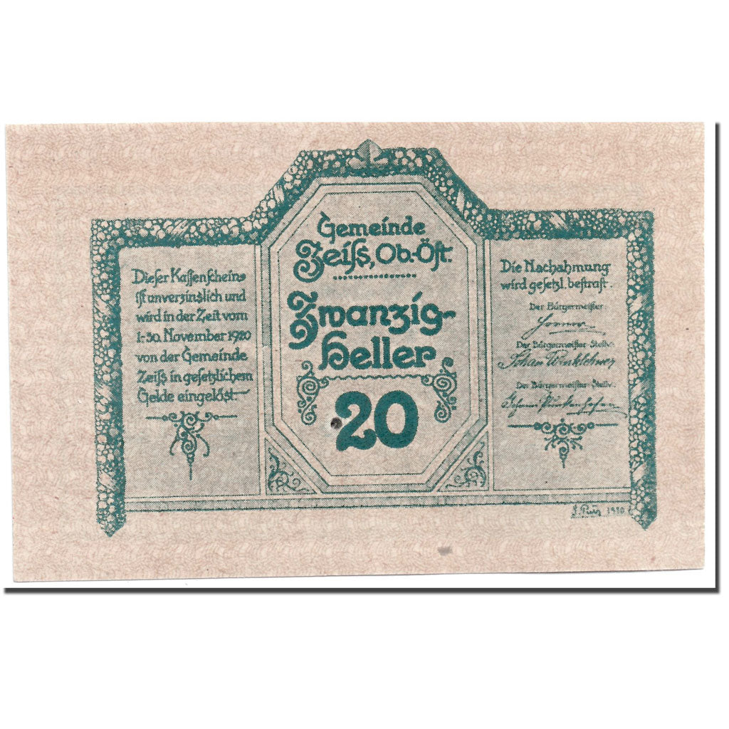 Banknote, Austria, Zeiss, 20 Heller, pont, UNC(63), Mehl:1266