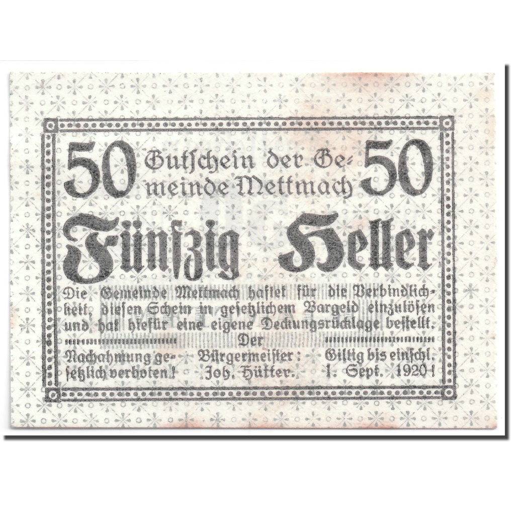 Banknote, Austria, Mettmach, 50 Heller, graphique, 1920, 1920-03-21, UNC(63)