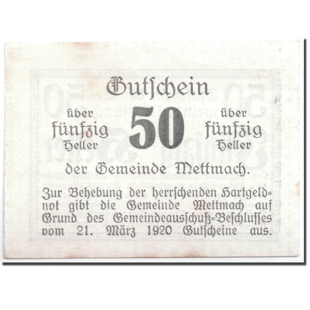 Banknote, Austria, Mettmach, 50 Heller, graphique, 1920, 1920-03-21, UNC(63)