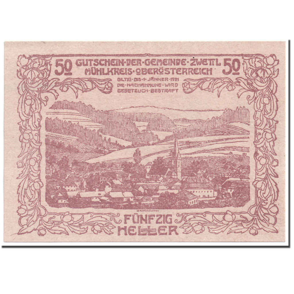 Banknote, Austria, Zwettl, 50 Heller, paysage, 1920, 1920-04-25, UNC(63)