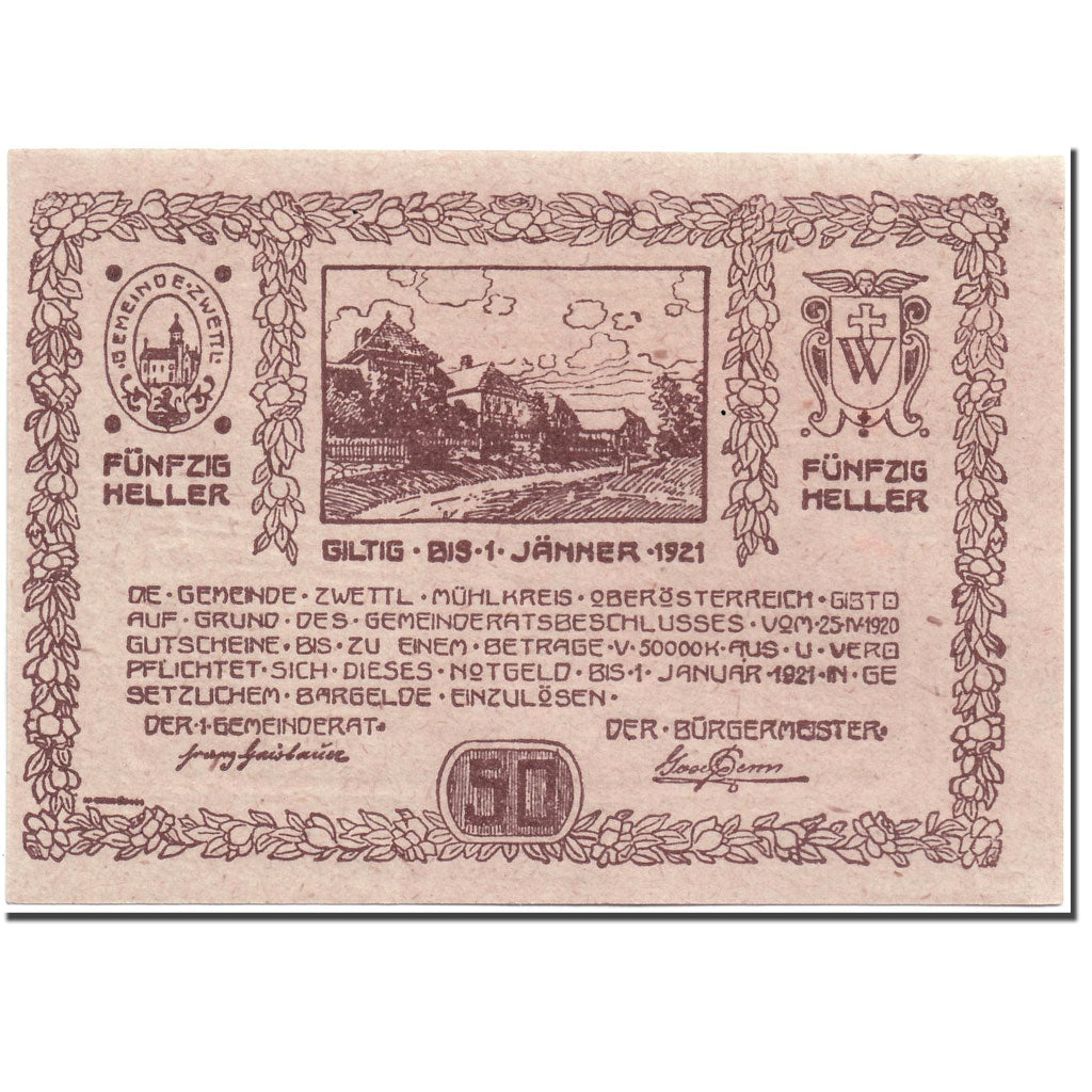 Banknote, Austria, Zwettl, 50 Heller, paysage, 1920, 1920-04-25, UNC(63)