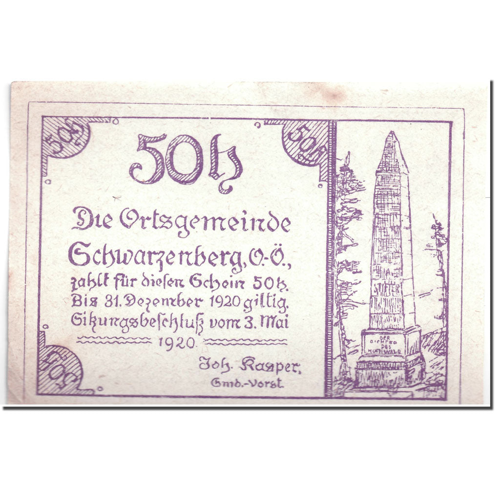 Banknote, Austria, Schwarzenberg, 50 Heller, paysage, 1920, 1920-05-03, UNC(63)