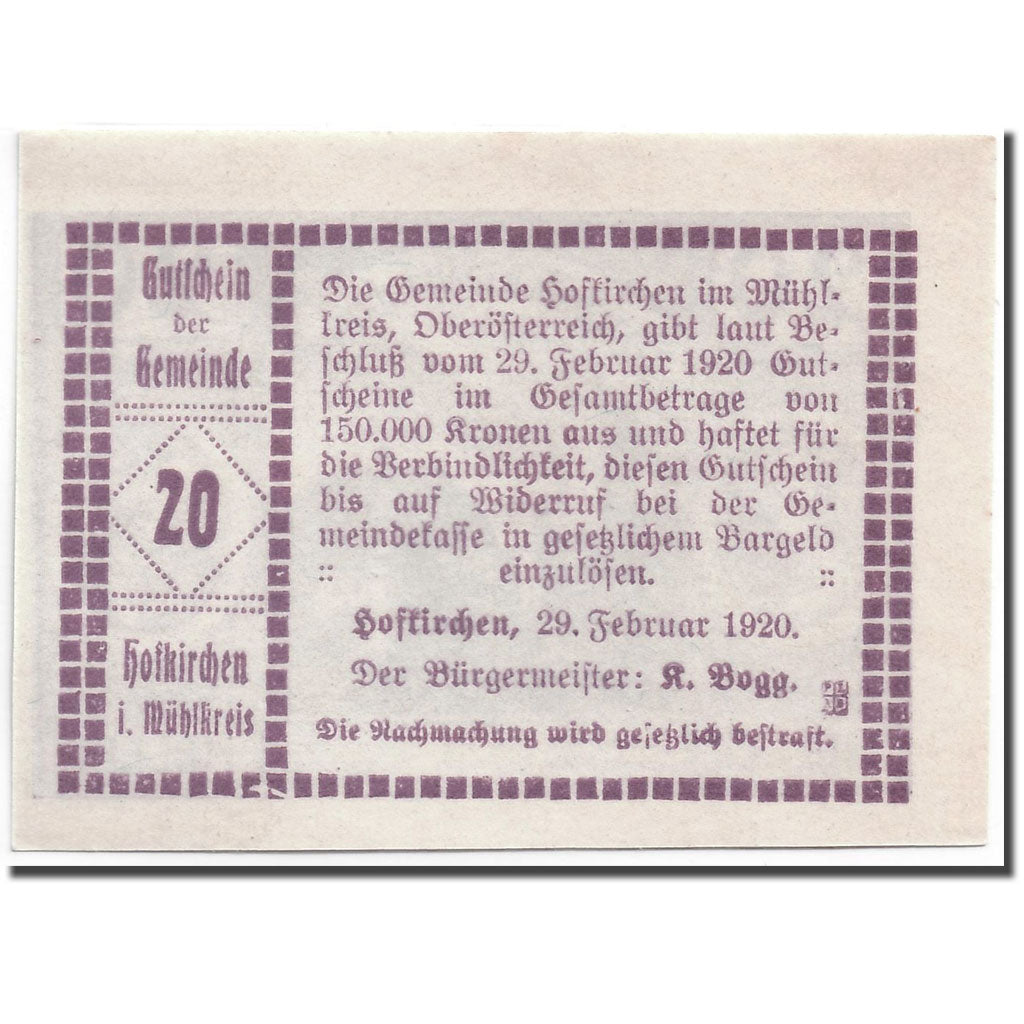 Banknote, Austria, Hofkirchen, 20 Heller, Eglise, 1920, 1920-02-29, UNC(63)