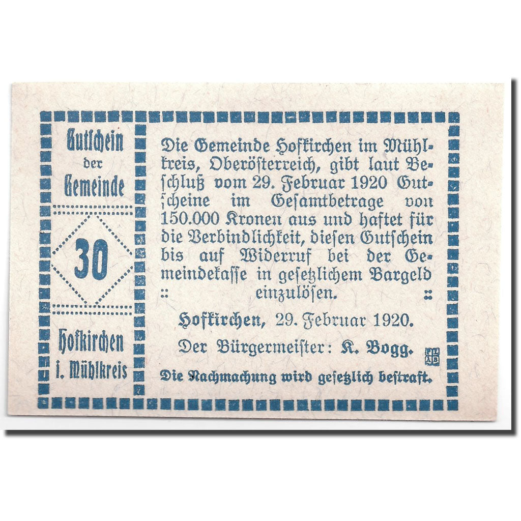 Banconote, Austria, Hofkirchen, 30 Heller, paysage, 1920, 1920-02-29, SPL