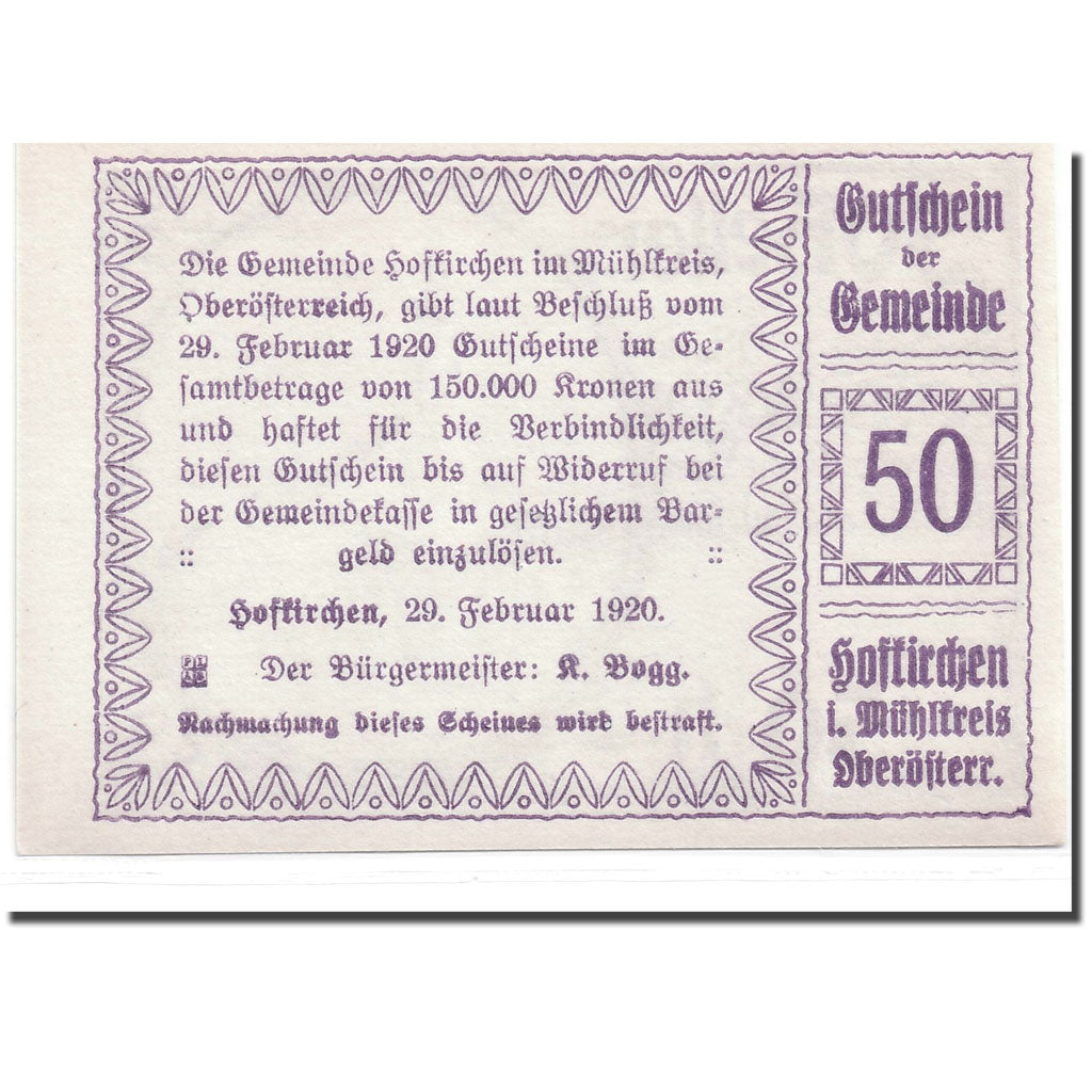 Banknote, Austria, Hofkirchen, 50 Heller, place, 1920, 1920-02-29, UNC(63)