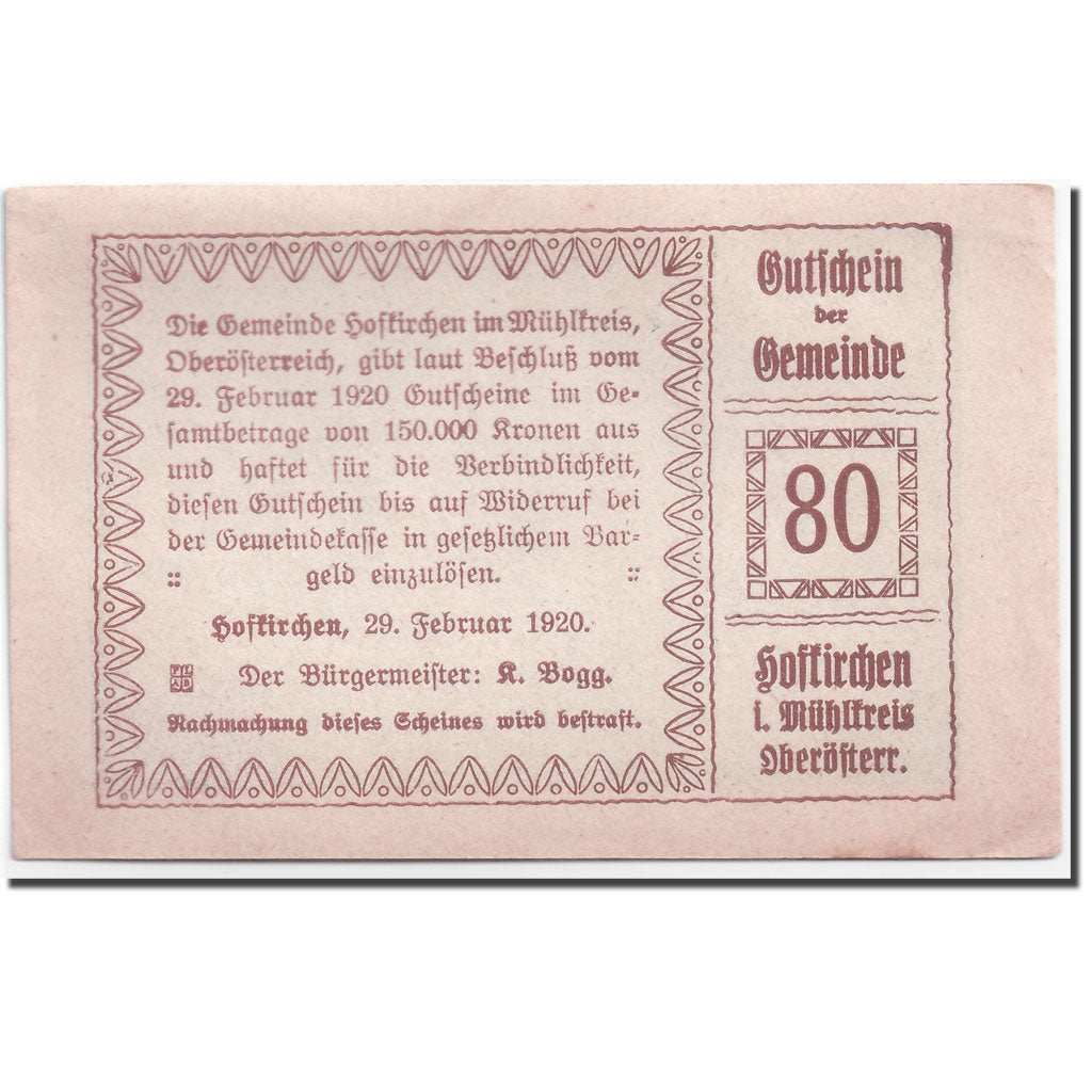 Banknote, Austria, Hofkirchen, 80 Heller, château, 1920, 1920-02-29, UNC(63)