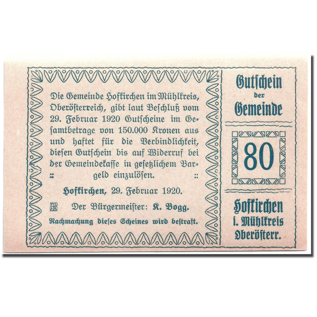 Banknote, Austria, Hofkirchen, 80 Heller, chateau 1, 1920, 1920-02-29, UNC(63)