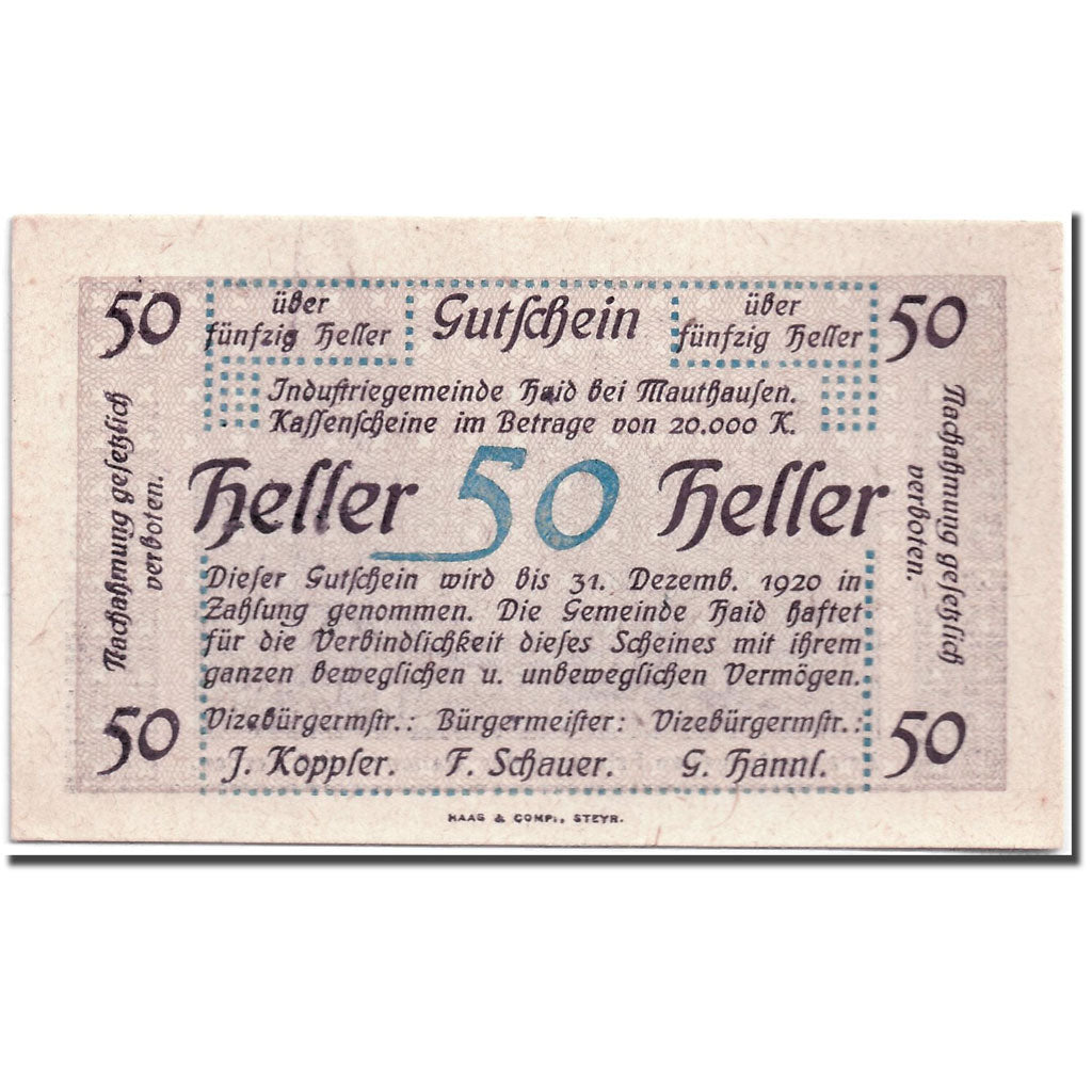 Banknote, Austria, Haid bei Mauthausen O.Ö. Industriegemeinde, 50 Heller