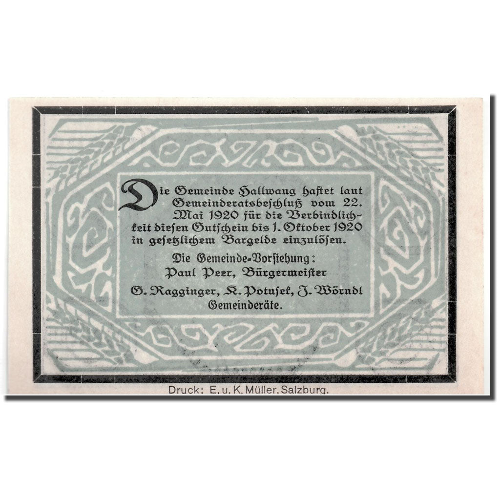 Banknote, Austria, Hallwang, 50 Heller, Eglise, 1920, 1920-05-22, UNC(63)