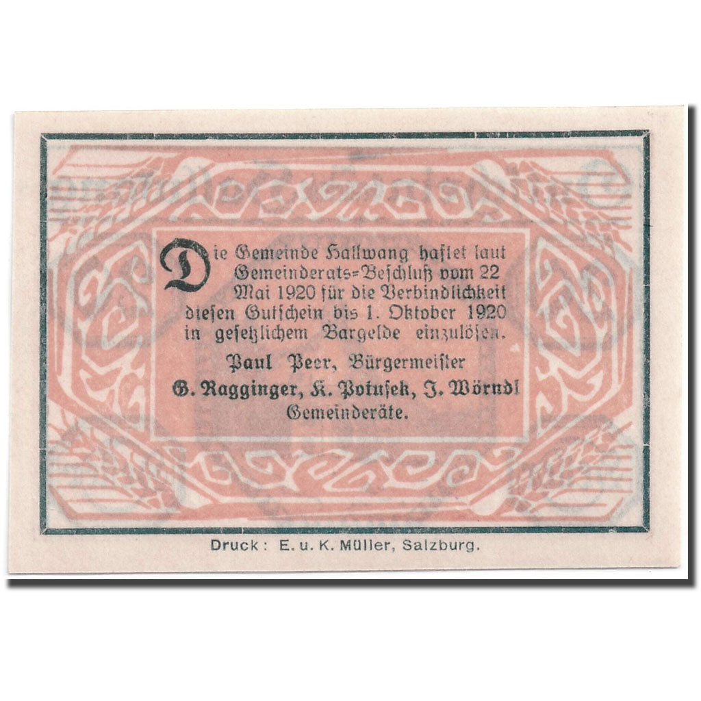 Banknote, Austria, Hallwang, 20 Heller, Eglise, 1920, 1920-05-22, UNC(63)