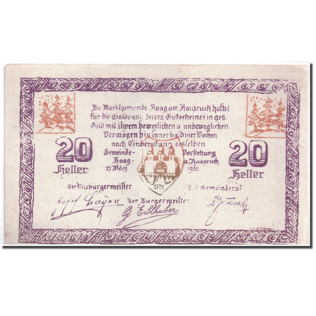 Banknote, Austria, Haag am Hausruck, 20 Heller, paysage, 1920, 1920-03-27