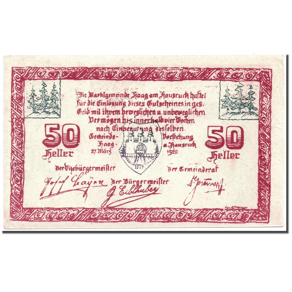 Banknote, Austria, Haag am Hausruck, 50 Heller, paysage, 1920, 1920-03-27