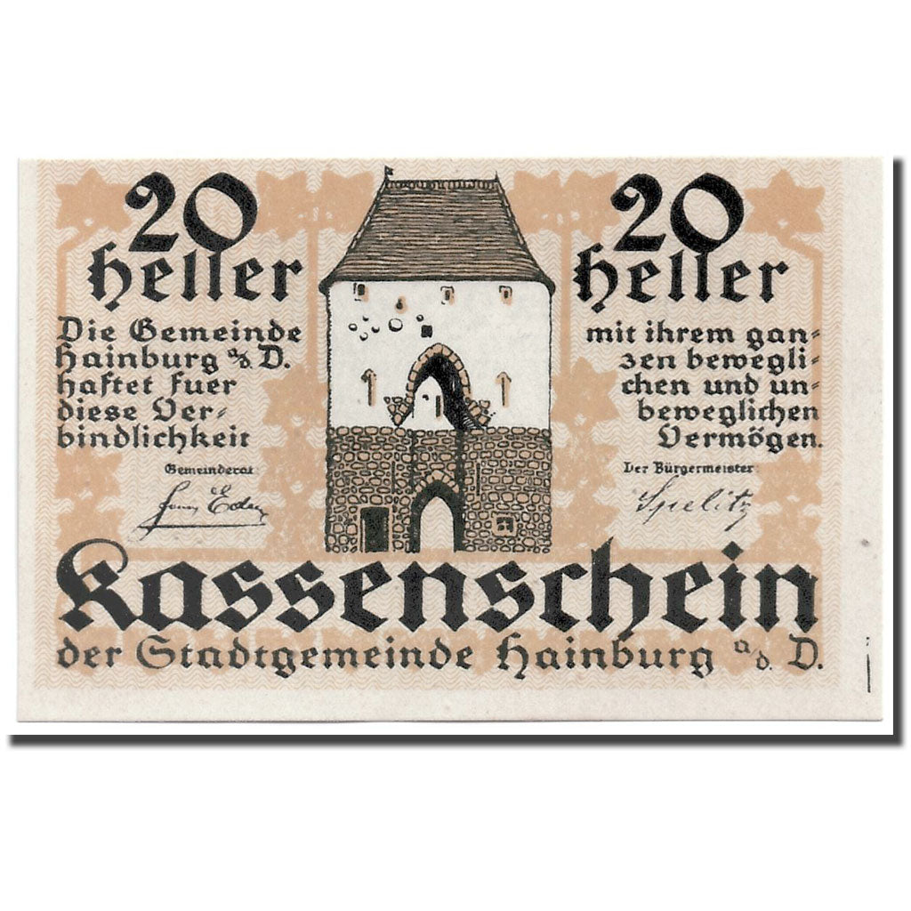 Banknote, Austria, Hainbur a/d Donau, 20 Heller, château, UNC(63), Mehl:337a