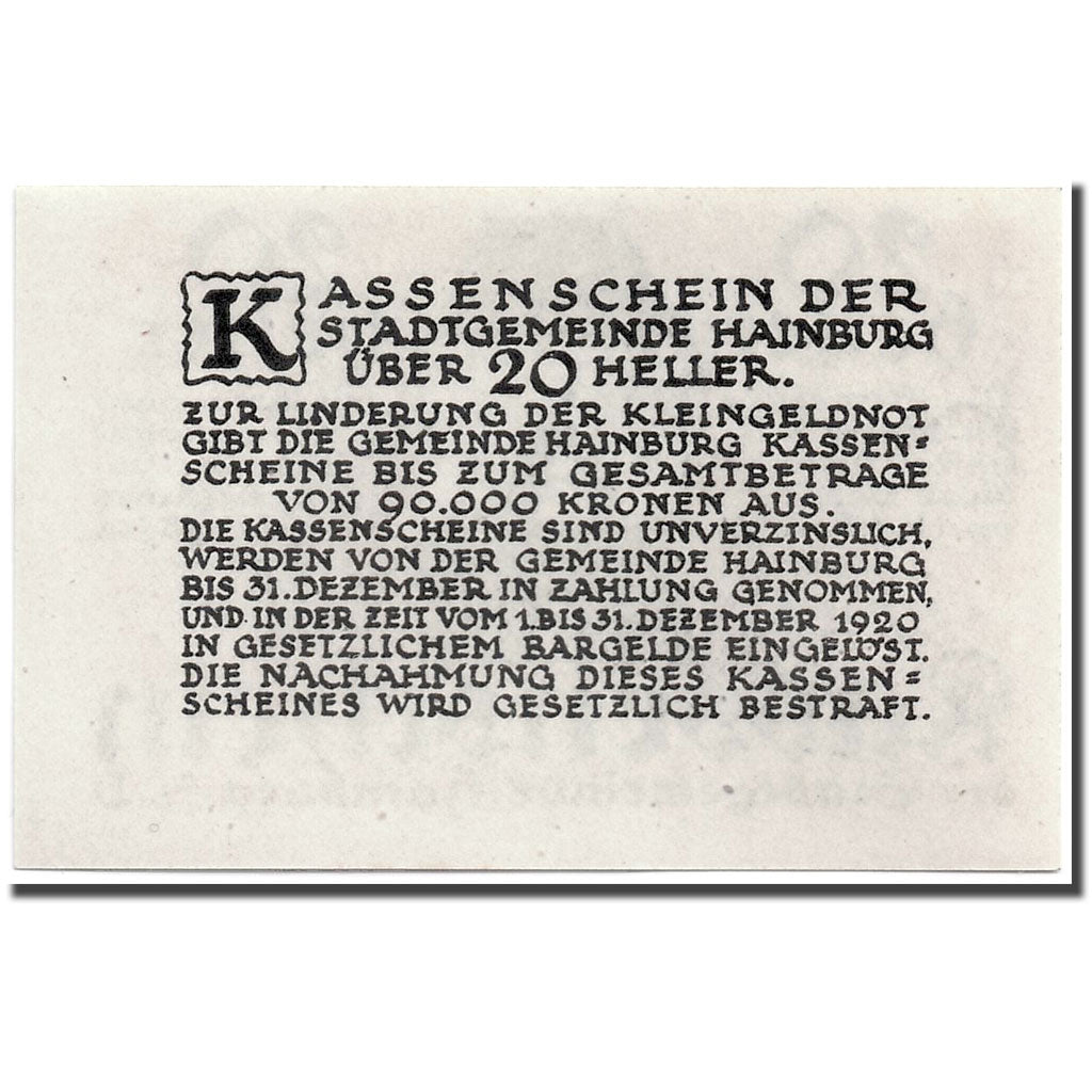 Banknote, Austria, Hainbur a/d Donau, 20 Heller, château, UNC(63), Mehl:337a