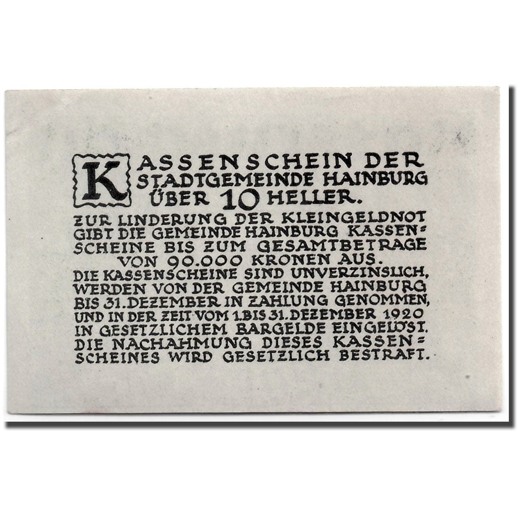 Banknote, Austria, Hainbur a/d Donau, 10 Heller, Ecusson, UNC(63), Mehl:337a